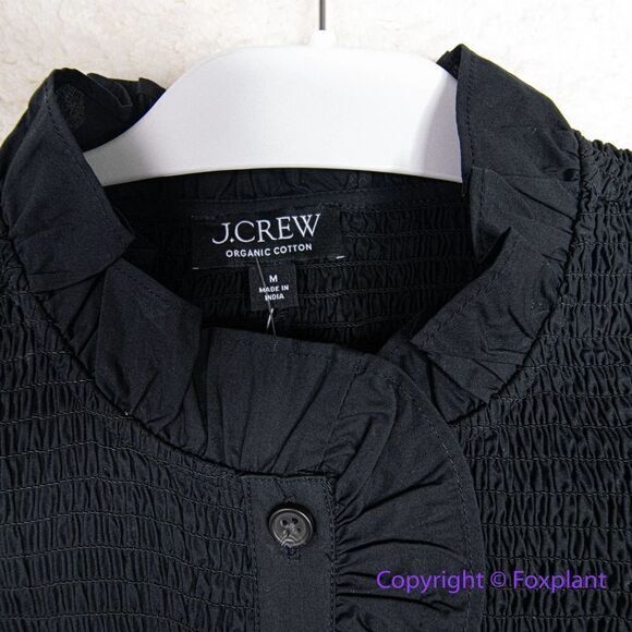 NEW J CREW SMOCKED LG SLEEVE BUTTON UP RUFFLE MINI DRESS black, M - Picture 7 of 16